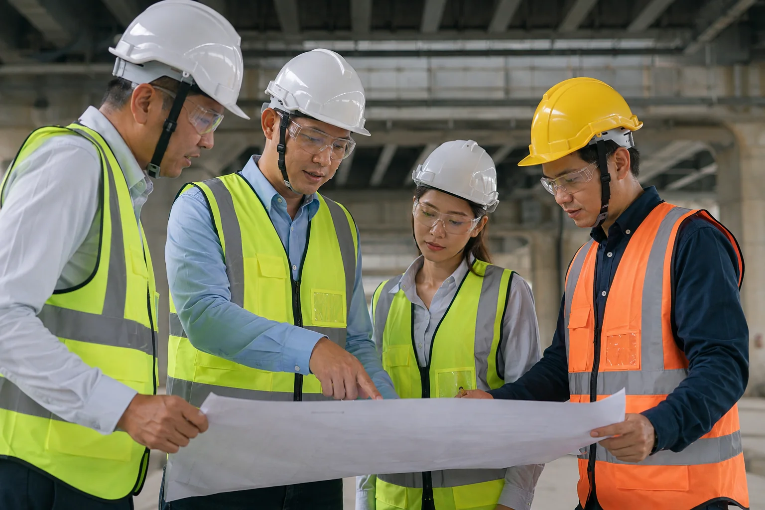 GTec engineering team reviewing project drawings on site